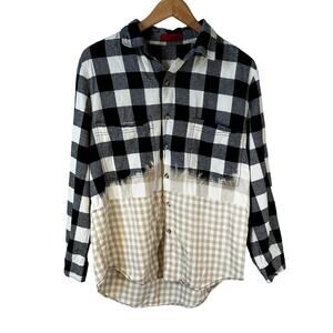 SIGNATURE8 Women's Cotton Plaid Casual Button Up Black Tan Size Large